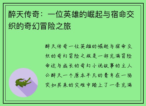 醉天传奇：一位英雄的崛起与宿命交织的奇幻冒险之旅